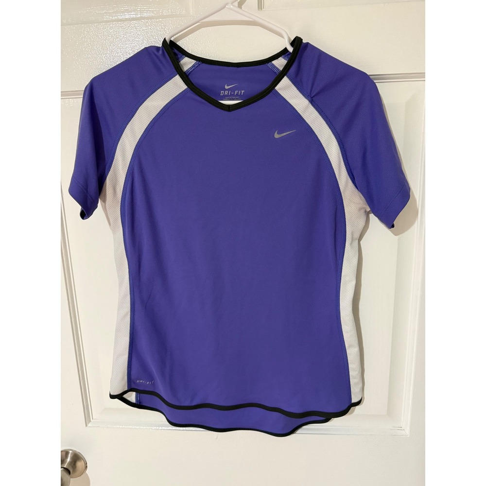 Nike Dri-FIT Womens Purple White Mesh Panel V-Neck Running Shirt Size Medium